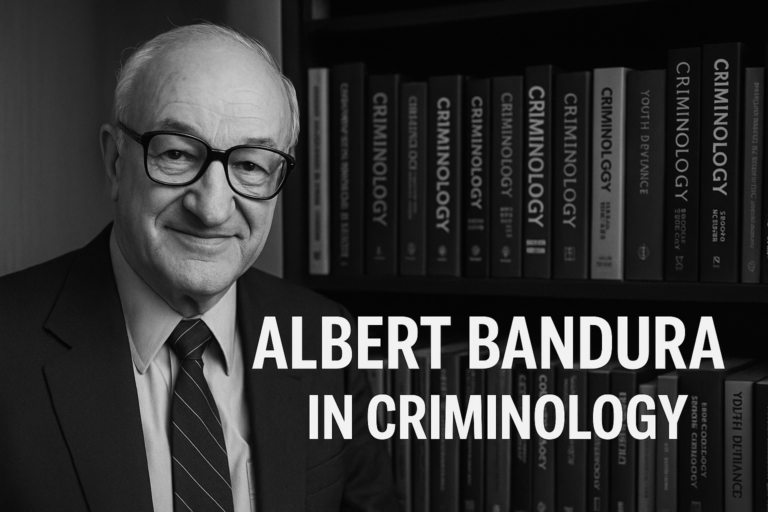 A black and white photo of Albert Bandura smiling in front of a bookshelf filled with criminology books, with bold text reading "Albert Bandura in Criminology," symbolizing his influential role in linking psychology and criminal behavior through social learning theory.