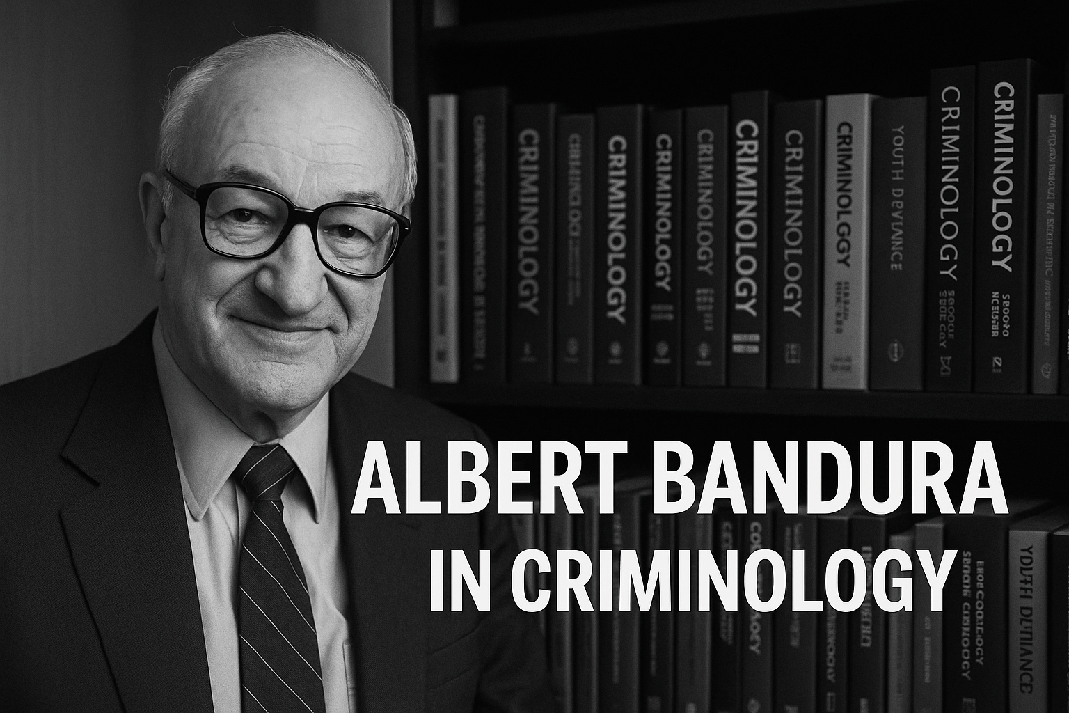 A black and white photo of Albert Bandura smiling in front of a bookshelf filled with criminology books, with bold text reading "Albert Bandura in Criminology," symbolizing his influential role in linking psychology and criminal behavior through social learning theory.