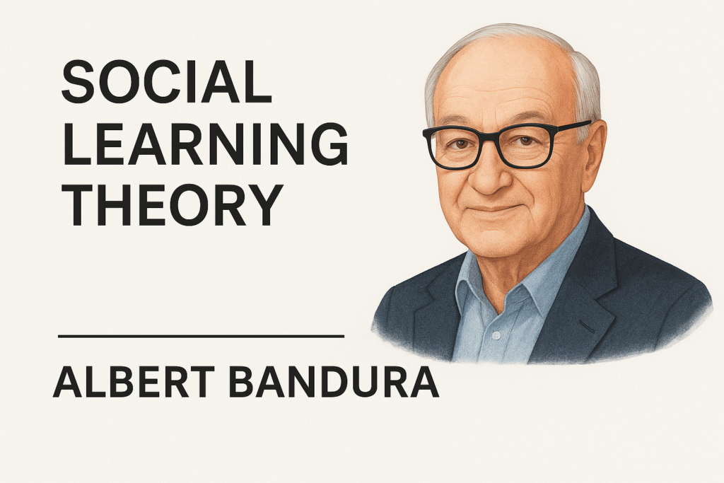 A professional horizontal illustration featuring Albert Bandura and the title "Social Learning Theory" in bold text, with Bandura portrayed in a suit and glasses against a light academic background.