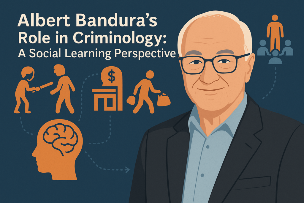 Illustration of Albert Bandura with icons representing Social Learning Theory in criminology, including observation, imitation, and reinforcement of criminal behavior through social influence.