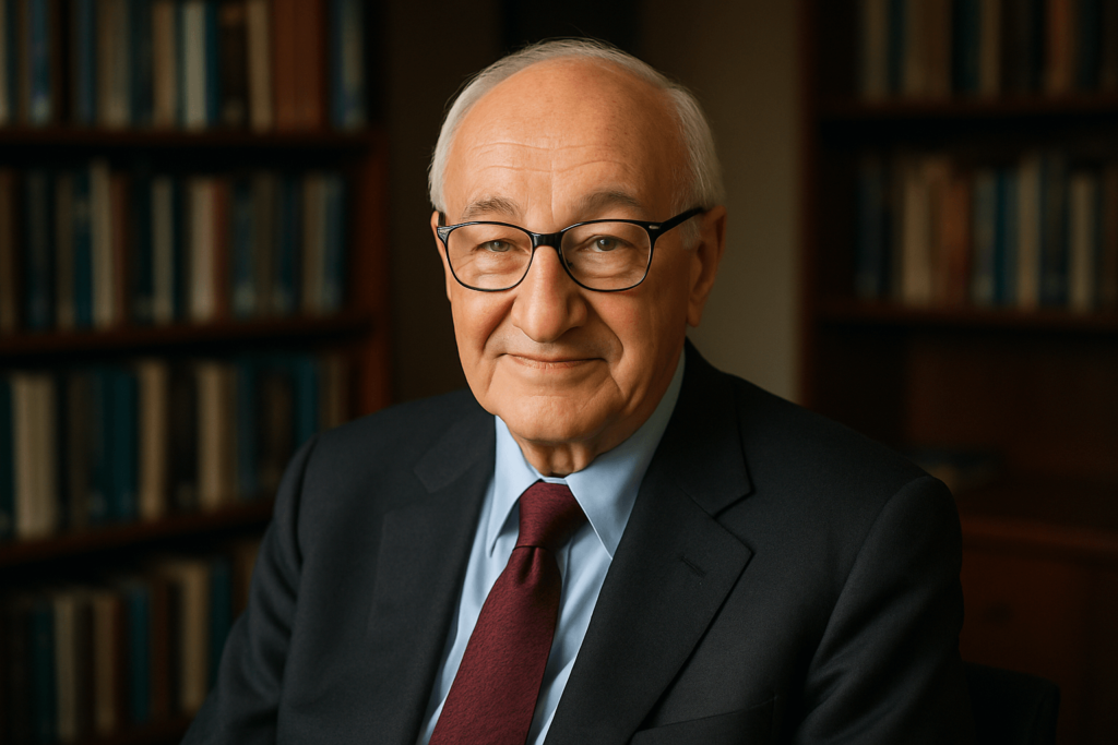 A realistic horizontal portrait of psychologist Albert Bandura, smiling calmly in a formal suit, seated in a warm, wooden academic office surrounded by psychology books like “Self-Efficacy” and “Social Learning,” with soft lighting highlighting his features.