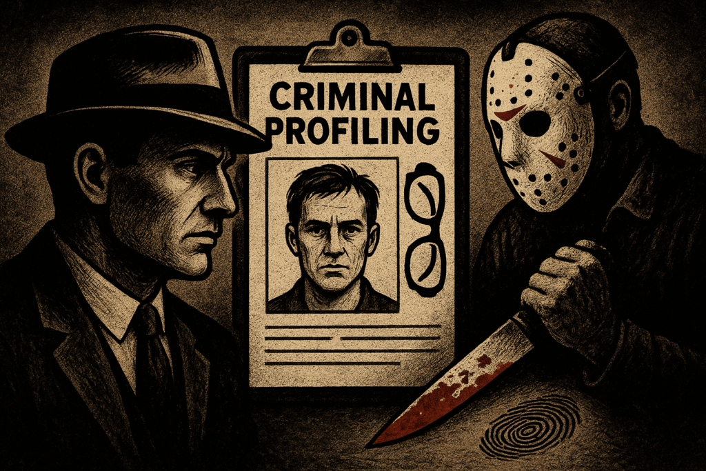 A noir-style illustration showing a criminal profiler facing a masked serial killer with a bloody knife, centered on a profiling report with a suspect’s sketch and evidence.