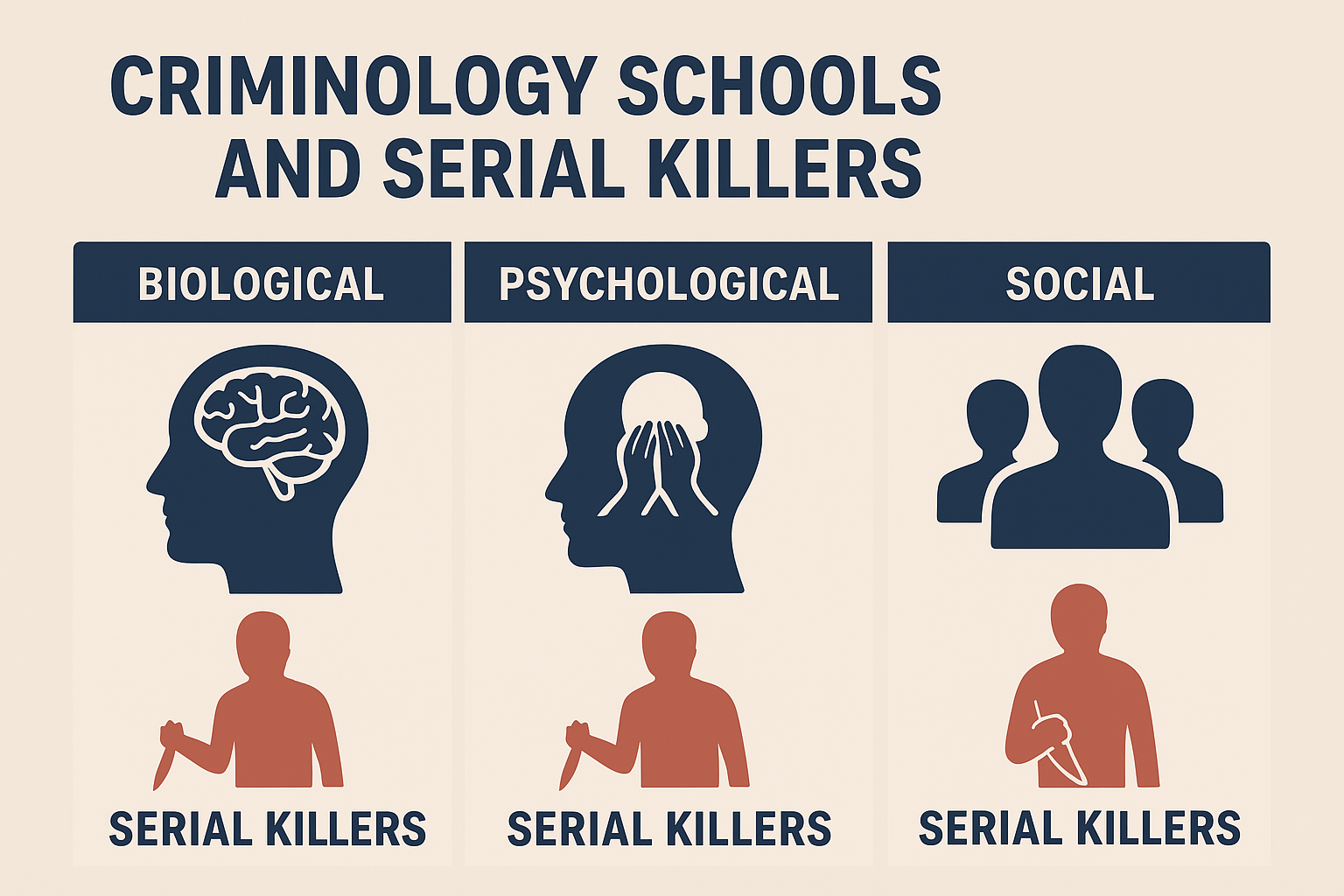 An infographic illustrating different schools of criminology, including classical, biological, psychological, and social theories, with focus on serial killer analysis.