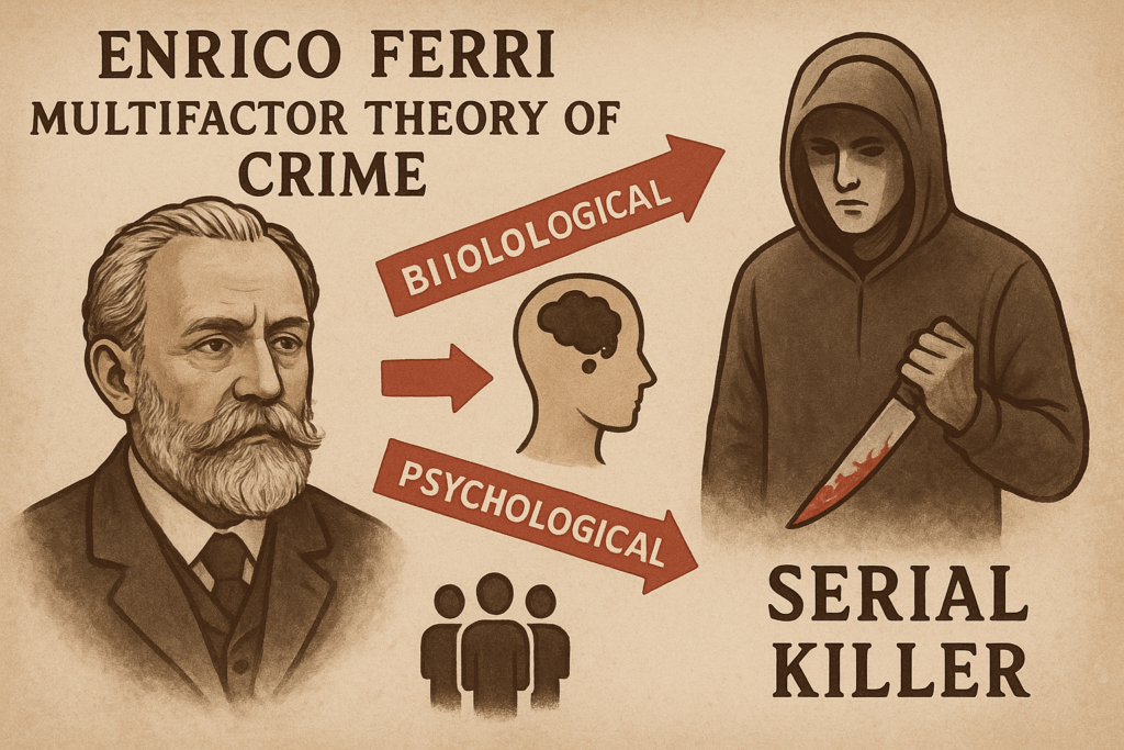 Illustration of Enrico Ferri and his Multifactor Theory, showing how biological, psychological, and social factors interact to explain criminal behavior, with a focus on serial killers.
