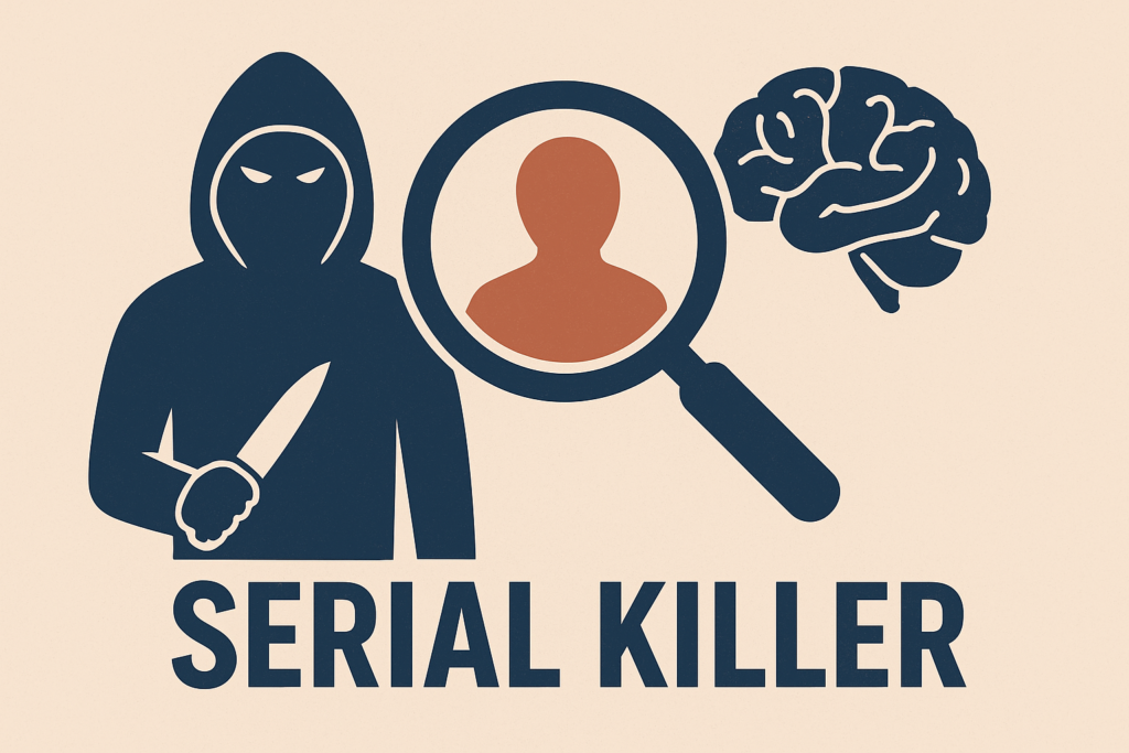 A conceptual horizontal digital illustration symbolizing the core of criminology studies and the psychological, social, and biological dimensions of serial killers.