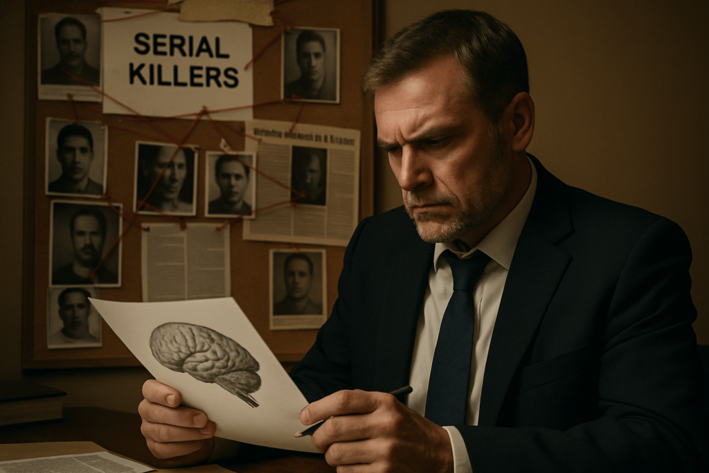 Forensic Criminal Profiler Analyzing Evidence in a Modern Lab Alt Text: A realistic photograph of a forensic criminal profiler examining behavioral evidence and crime scene data in a modern laboratory setting.