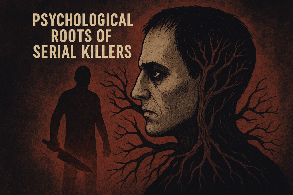 A dark, haunting illustration of a man’s face with tree-like roots spreading from his head, symbolizing the deep psychological origins of serial killers, alongside the shadowy figure of a killer holding a knife.