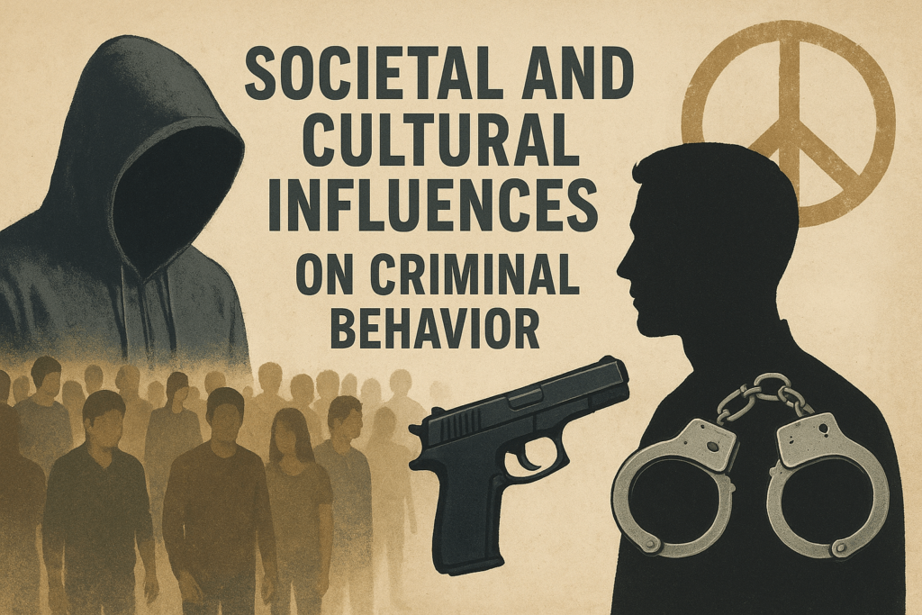Illustration depicting the impact of societal and cultural factors on criminal behavior, featuring silhouettes, a crowd, a gun, and handcuffs.