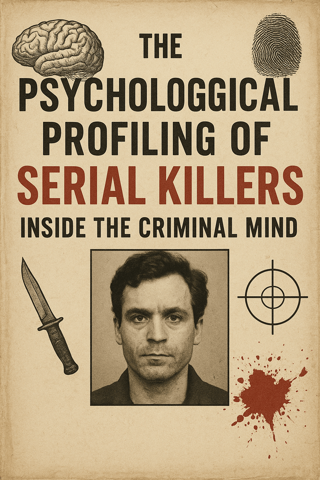 Realistic vintage-style illustration of a book cover for "The Psychological Profiling of Serial Killers: Inside the Criminal Mind," featuring a human brain, fingerprint, knife, target symbol, mugshot of a man, and blood splatter.