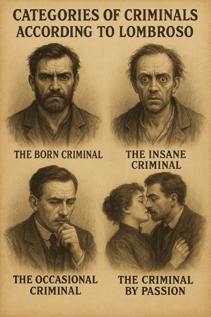 A vintage-style illustration depicting Lombroso’s classification of criminals, showing four types: the born criminal, the insane criminal, the occasional criminal, and the criminal by passion.