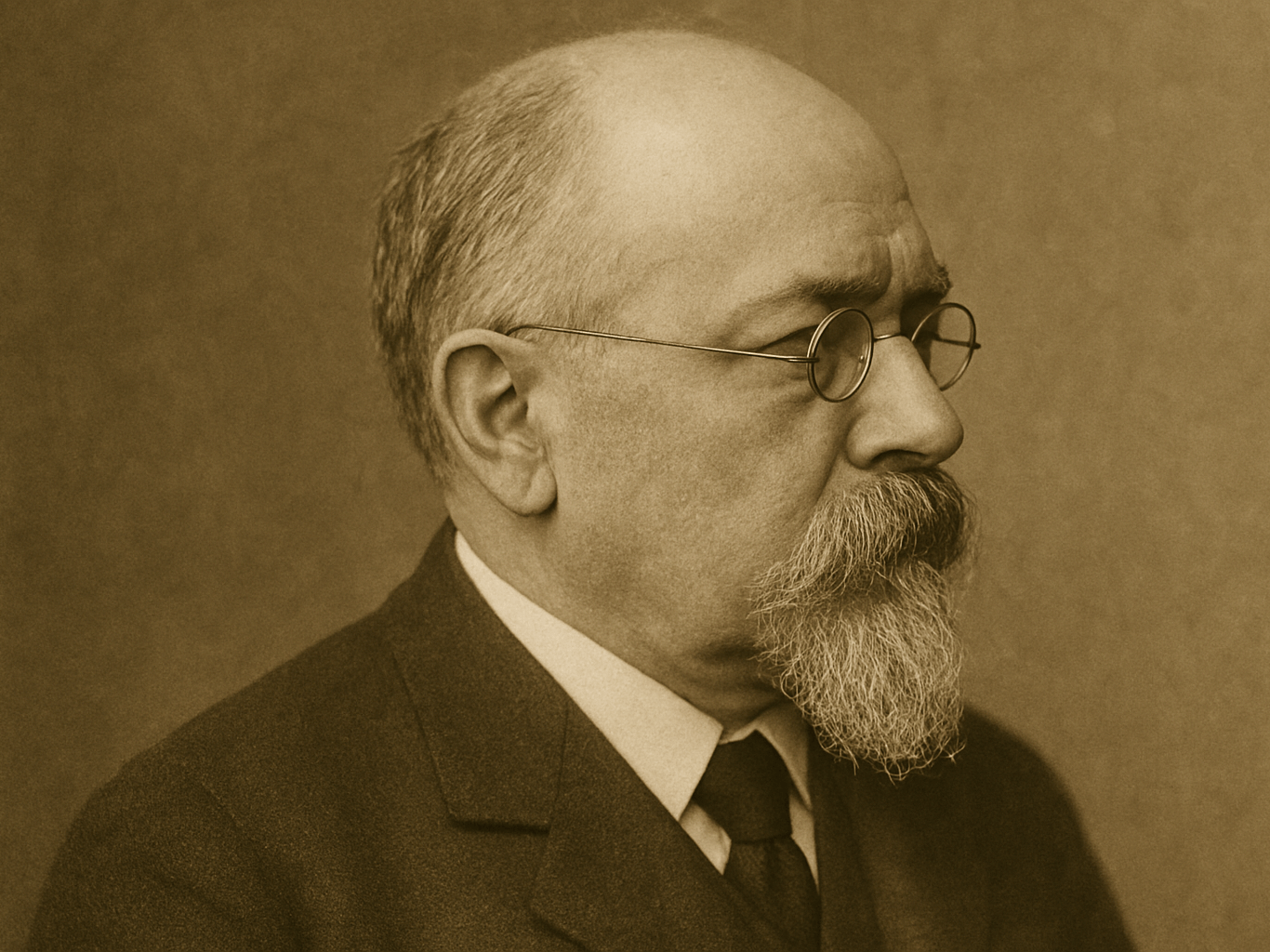 Sepia-toned side profile portrait of Cesare Lombroso with glasses and a trimmed beard