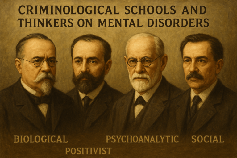 A historical-style painting depicting Cesare Lombroso, Enrico Ferri, Sigmund Freud, and another thinker, each representing different criminological schools—Biological, Positivist, Psychoanalytic, and Social—highlighting their contributions to the study of mental disorders in criminology.