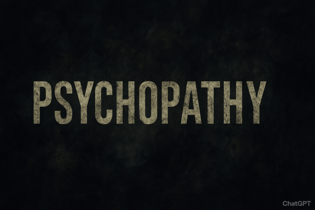 The word 'Psychopathy' shown in large, distressed letters against a gritty dark backdrop blending shades of black, green, and brown, giving a haunting and intense visual effect.