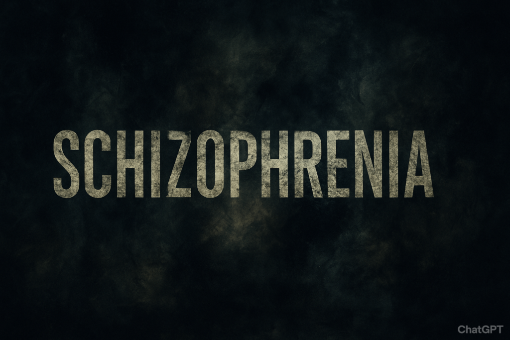 The word 'Schizophrenia' displayed in bold, cracked letters on a moody dark background with textured shades of green, blue, and black, creating a mysterious and deep atmosphere.