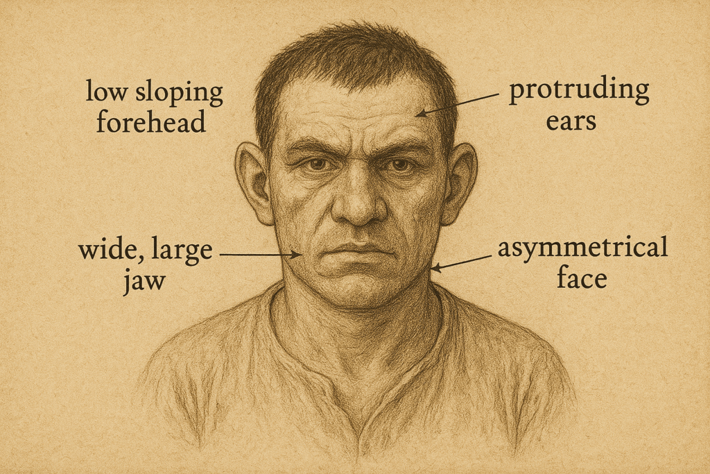 A vintage academic illustration of a man labeled as a “born criminal” based on Cesare Lombroso’s theory, showing physical traits such as a low sloping forehead, wide jaw, protruding ears, and asymmetrical face, highlighted with arrows and text on an aged paper background.