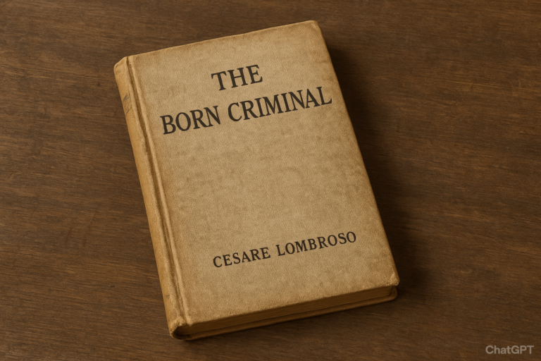 Antique book titled "The Born Criminal" by Cesare Lombroso resting on a wooden surface
