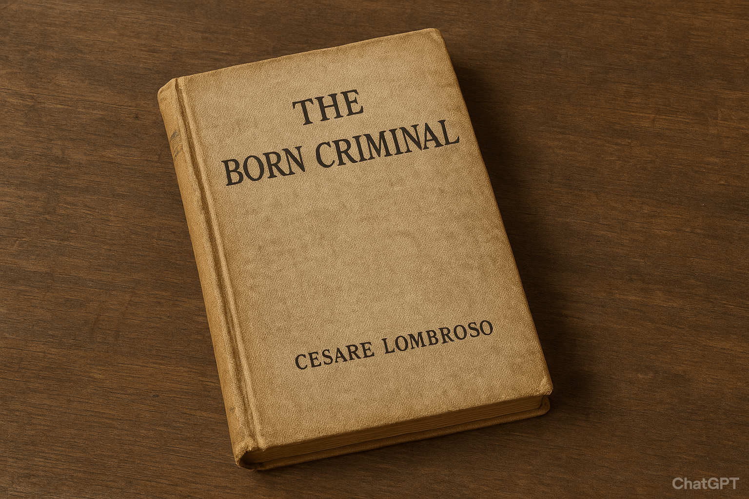 Antique book titled "The Born Criminal" by Cesare Lombroso resting on a wooden surface