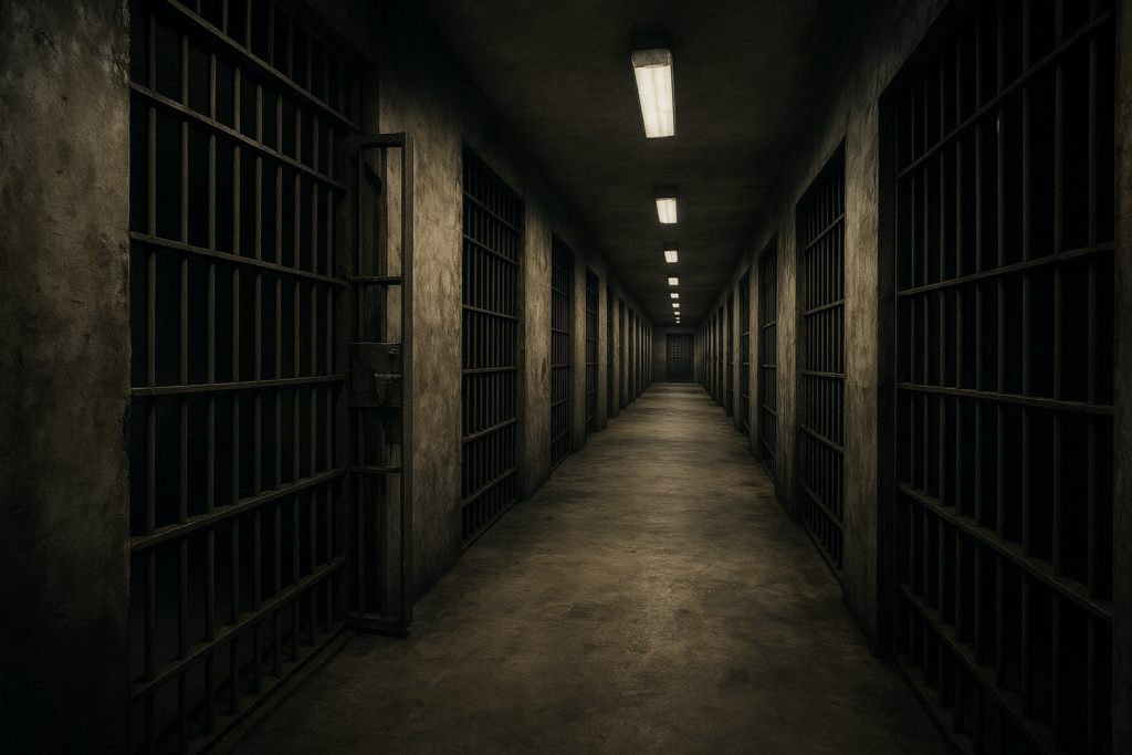 A realistic photograph of a prison corridor during the day, symbolizing modern penology, punishment, and rehabilitation within correctional systems.