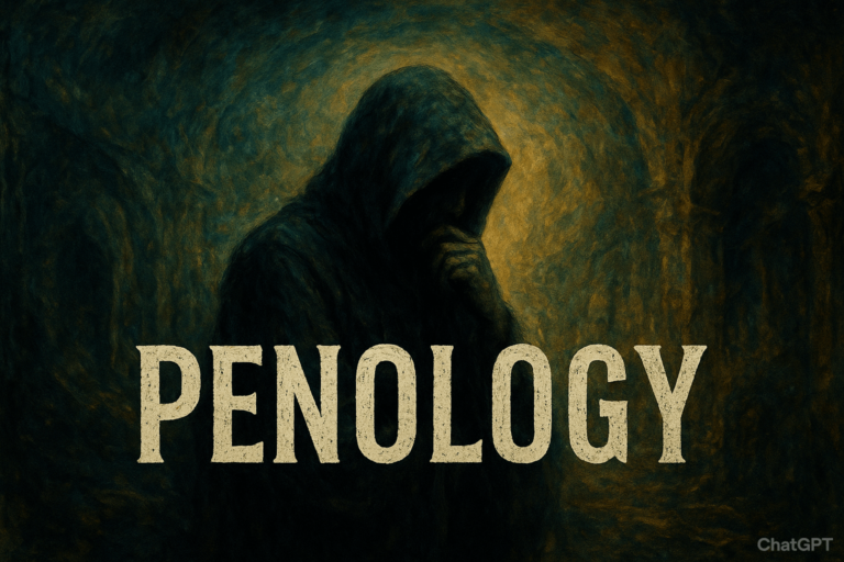 A hooded figure standing in a dimly lit, textured environment with the word “PENOLOGY” boldly displayed, symbolizing the deep and philosophical study of punishment and correctional systems.