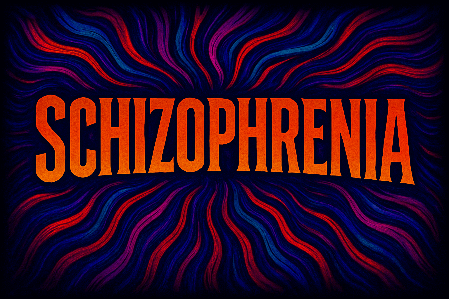 A stunning artwork embodies the word "Schizophrenia" in a surreal visual design, where deep colors—from deep purple to fiery red—intertwine in a undulating motion that symbolizes the mental duality and inner conflicts of the human mind. The text stands out in a bold, three-dimensional font that glows warmly amidst a swirling vortex of colors, in a blend of mystery and creative beauty.