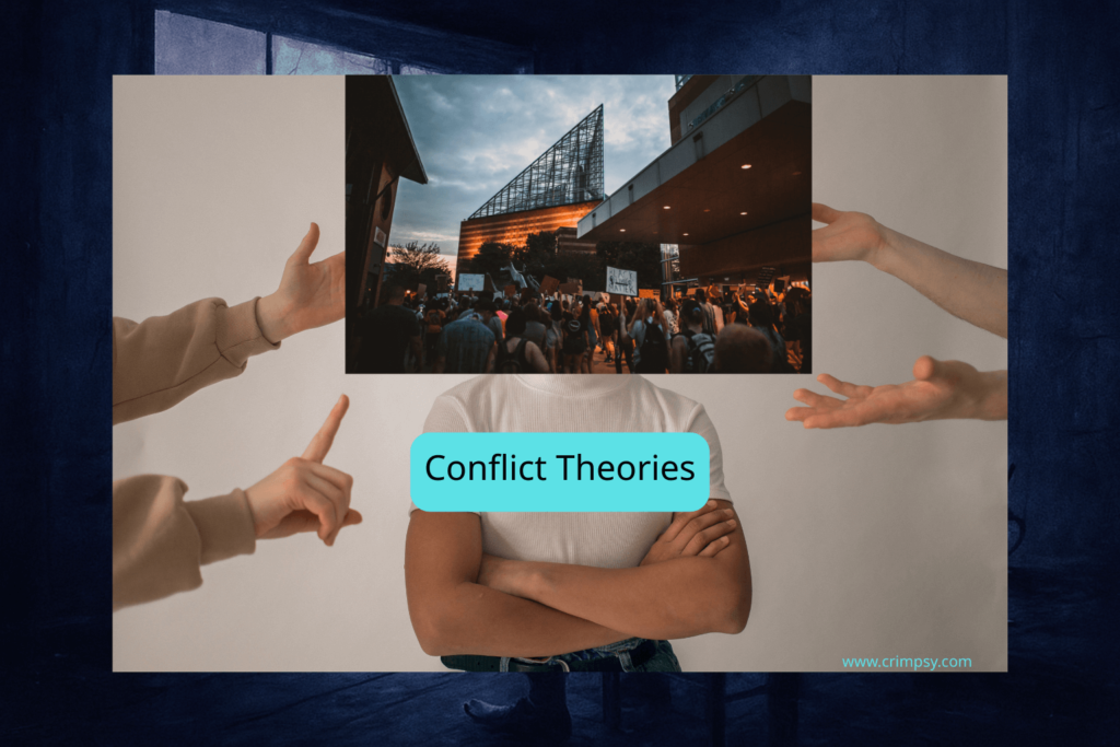 An image illustrating the power struggle in criminology with social groups and figures of authority