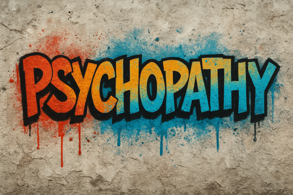 Colorful graffiti artwork featuring the word “Psychopathy” sprayed in bold red, orange, and blue tones on a textured concrete wall.