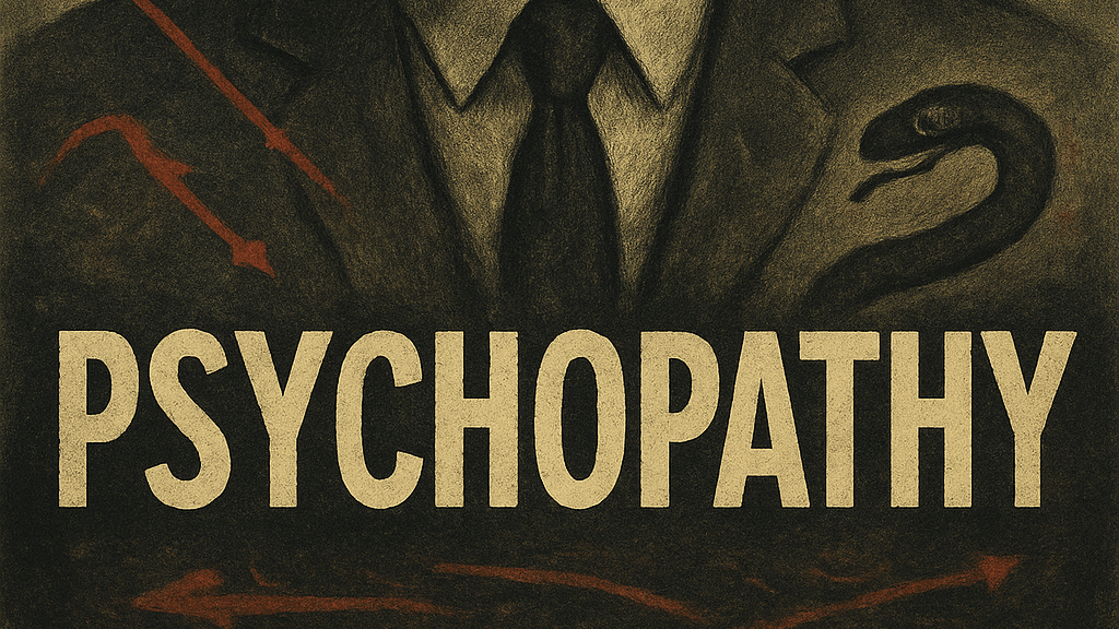 A horizontal artistic illustration representing the concept of psychopathy, featuring a cold-faced man surrounded by symbolic elements such as a brain, a broken heart, a theatrical mask, and a snake, highlighting traits like emotional detachment, manipulation, and lack of empathy within criminology.