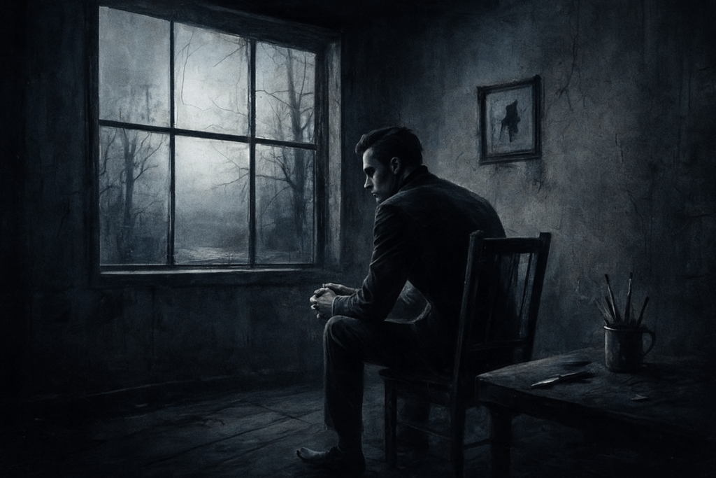 A dark, atmospheric painting depicting a solitary man sitting on a wooden chair in a dim, decaying room, staring toward a foggy window. The scene conveys emotional emptiness, isolation, and the cold detachment associated with psychopathy.