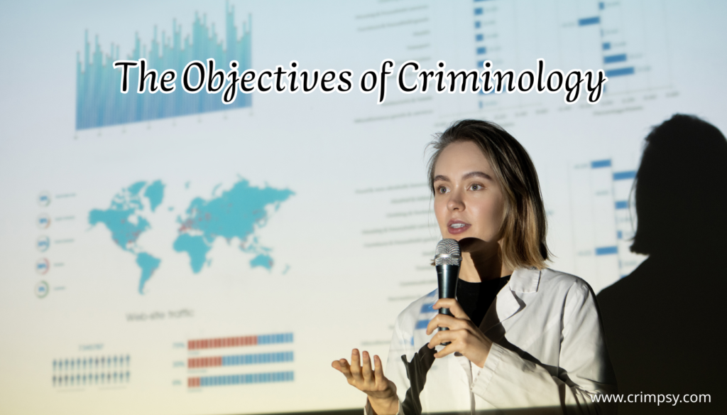 A conceptual graphic illustrating the main objectives of criminology, including understanding causes of crime, social influences, and preventive roles.