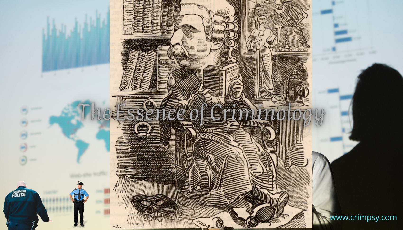 A conceptual illustration representing the essence of criminology, showing symbolic elements related to crime, justice, and social analysis.