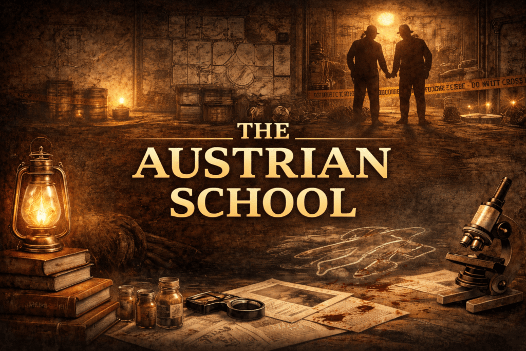A horizontal, enigmatic artwork symbolizing the Austrian School of Criminology, with an abstract, moody background, emphasizing forensic science, investigation, and criminal behavior, without any prominent human figures.