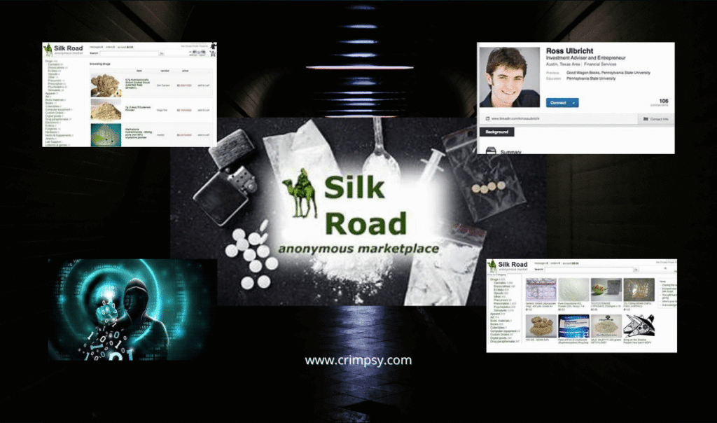 Digital illustration representing the Silk Road dark web marketplace and its connection to global online criminal networks.