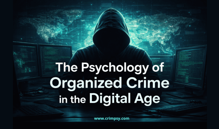 A hooded figure representing a digital cybercriminal sits surrounded by computer screens, glowing code, and a global network map, illustrating the psychology of organized crime in the digital age.
