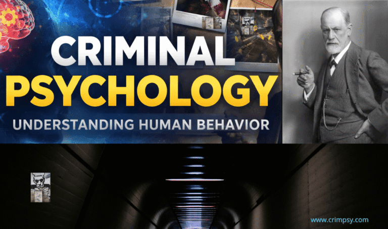Criminal psychology concept showing human brain, neural connections, and crime investigation elements