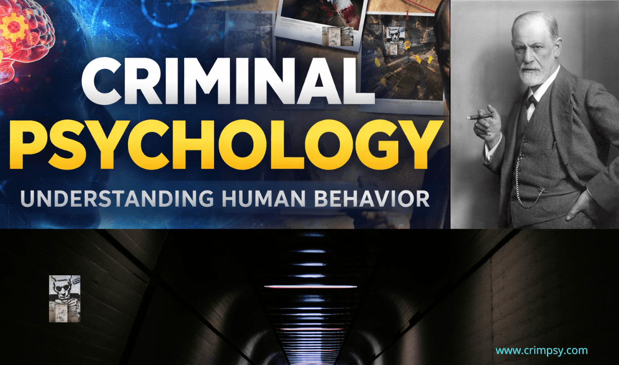 Criminal psychology concept showing human brain, neural connections, and crime investigation elements