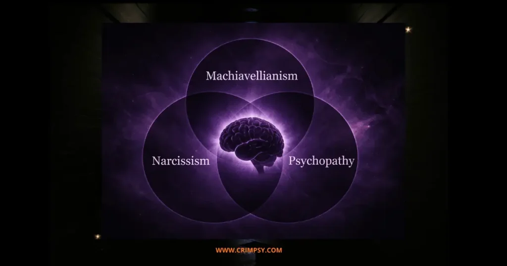 Dark conceptual diagram showing the Dark Triad traits—Narcissism, Machiavellianism, and Psychopathy—with a brain at the center