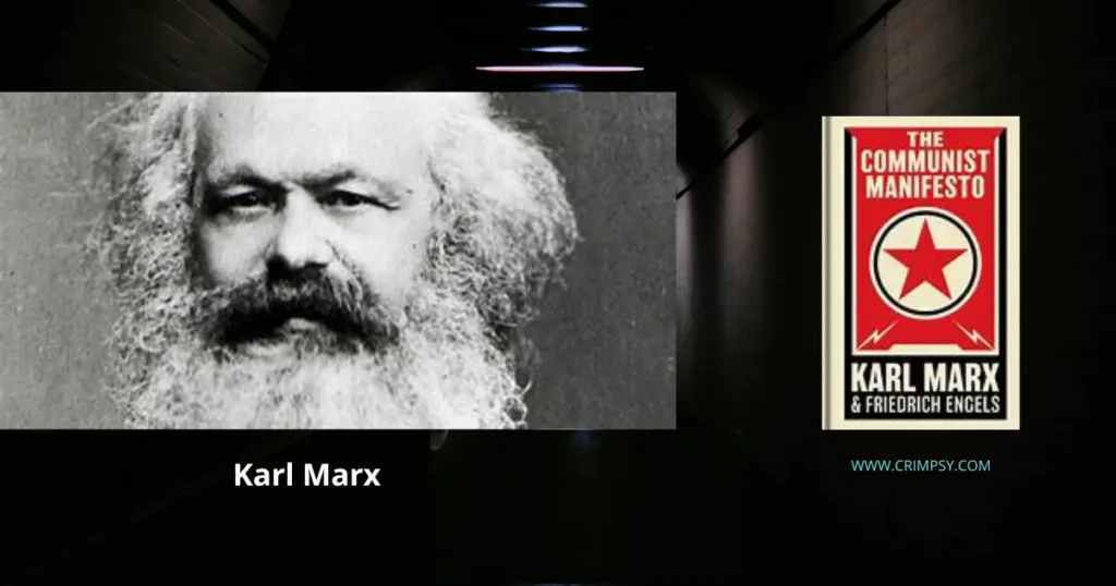 Karl Marx portrait with The Communist Manifesto book cover social theory criminology
