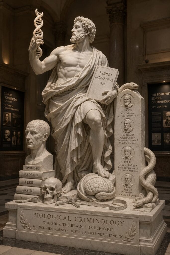 A realistic classical Greek marble statue displayed in a museum hall, symbolizing biological criminology with DNA strands, a human brain, scientific instruments, and references to Cesare Lombroso, Garofalo, Ferri, and Freud carved into the monument.