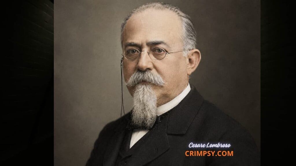 A detailed artistic portrait of Cesare Lombroso, the Italian criminologist, standing thoughtfully in a dark vintage setting symbolizing the study of the criminal mind and human behavior.