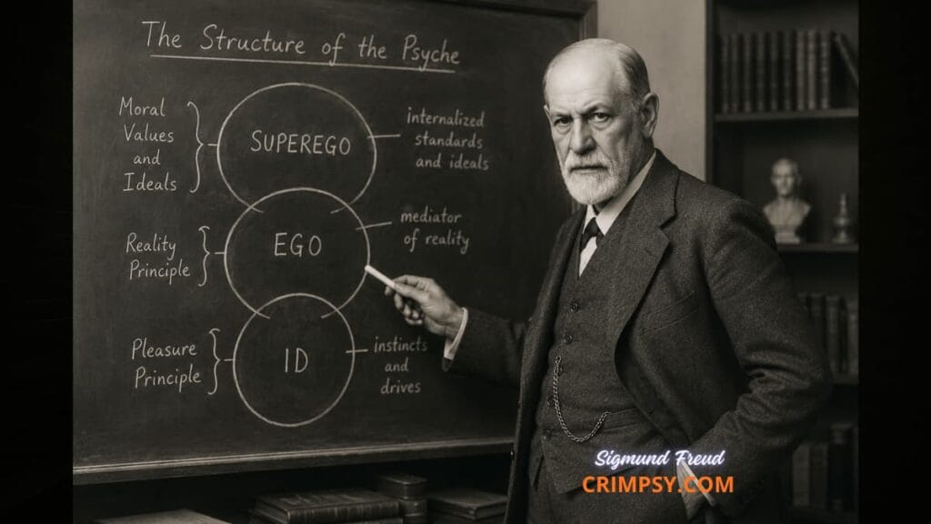 Realistic vintage-style image of Sigmund Freud standing beside a classroom board explaining the psychoanalytic concepts of the id, ego, and superego.
