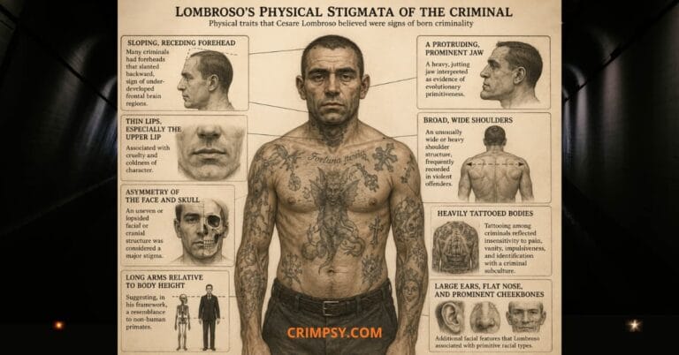 Vintage criminology illustration showing Cesare Lombroso’s theory of criminal physical characteristics, including tattoos, asymmetrical face, prominent jaw, receding forehead, and broad shoulders.