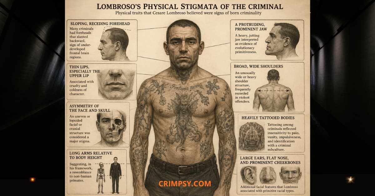 Vintage criminology illustration showing Cesare Lombroso’s theory of criminal physical characteristics, including tattoos, asymmetrical face, prominent jaw, receding forehead, and broad shoulders.